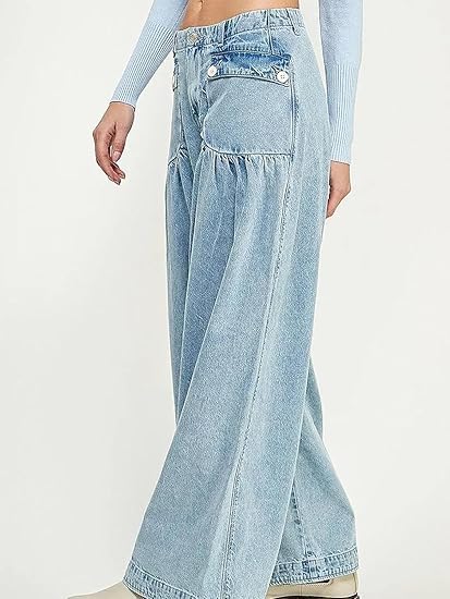 Lotus Tube Jeans Women,Tie Hem Barrel Ruffle Mid High Waist Jeans,Fitting Loose Balloon Wide Leg Jeans4