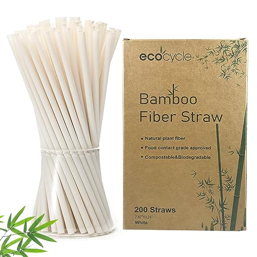EcoCycle Biodegradable Disposable Bamboo Fiber Straws- 200pcs | 7.8'' Inch | Compostable and Biodegradble
