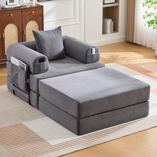 Sillón de compresión de pana con taburete, estructura de metal resistente, diseño ergonómico y acolchado grueso para una comodidad duradera. Incluye bolsillo lateral y cojín, se puede combinar