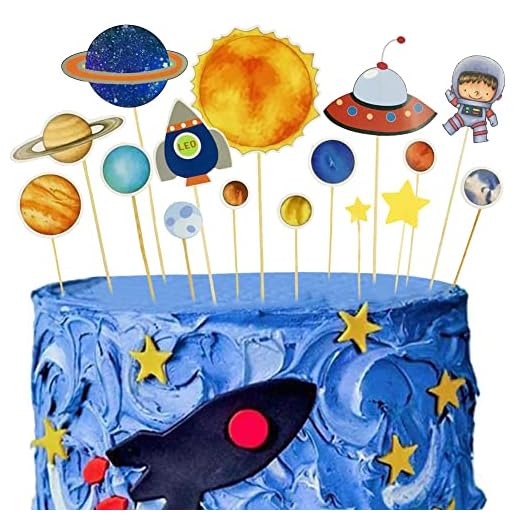 BESTZY Set med rymd tårtdekorationer, grattis på födelsedagen tårtdekorationer för barn pojkar personlig astronaut cupcake toppers för barn födelsedagsfest 16 st rymdtema fest
