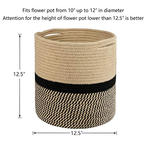 TIMEYARD Sturdy Jute Rope Plant Basket Modern Woven Basket for 11" Flower Pot Floor Indoor Planters, 12.5'' x 12.5'' Storage Organizer Basket Rustic Home Decor, Black and Beige Stripes
