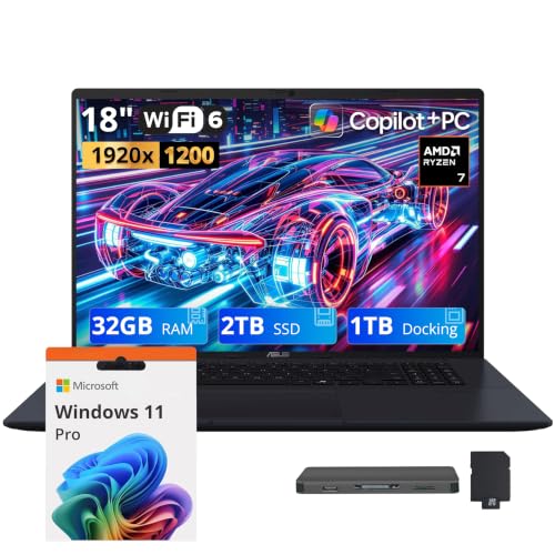 Image of ASUS Vivobook 18 Copilot+ PC, 18" WUXGA 144Hz IPS Display, AMD Ryzen 7 260, 32GB DDR5, 3TB Storage (2TB SSD+1TB Docking Station), AMD Radeon Graphics, Backlit Keyboard, Wi-Fi 6, Win 11 Pro, Blue