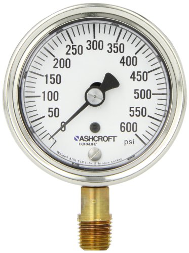 Ashcroft Duralife Type 1009 Stainless Steel Case Dry Filled Pressure Gauge, Stainless Steel Tube and Bronze Socket, 2.5" Dial Size, 1/4" NPT Lower Connection, 0/600 psi Pressure Range