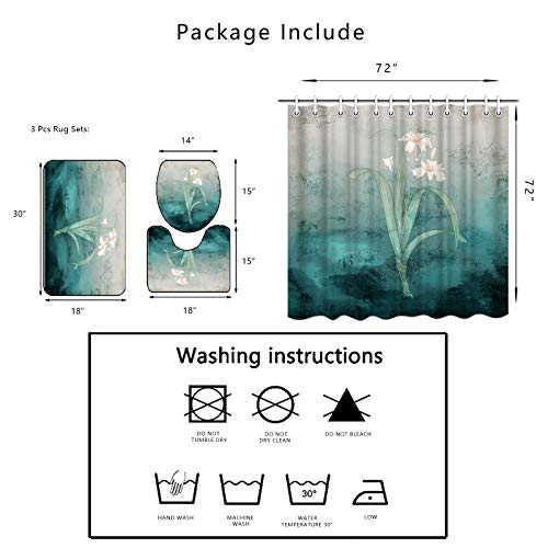 Artsbay Duschvorhang-Set mit rutschfesten Teppichen, WC-Deckelbezug, Badematte, Blütenblüte mit grünen Blättern… – Bild 8