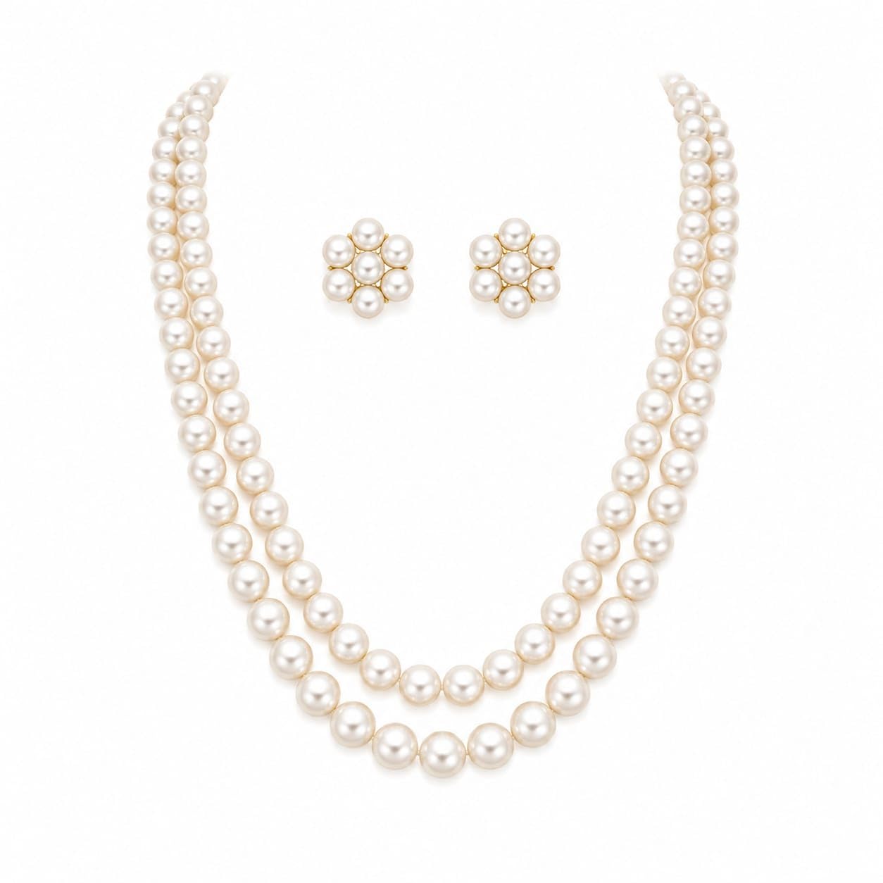 Double Strand Pearl Necklace and Earrings Jewellery Set-image-37