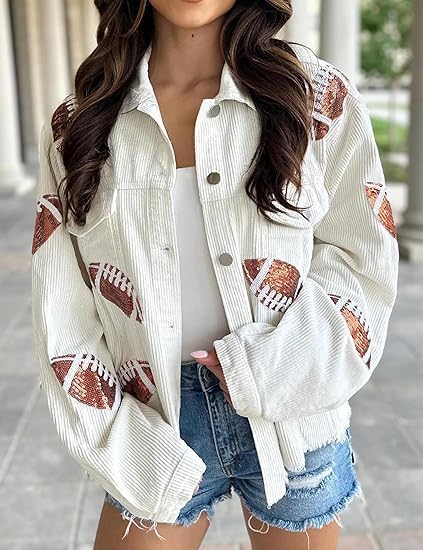 SeekMe Women's Cropped Corduroy Jacket Football Sequin Patched Short Button Raw Hem Jacket Coat4