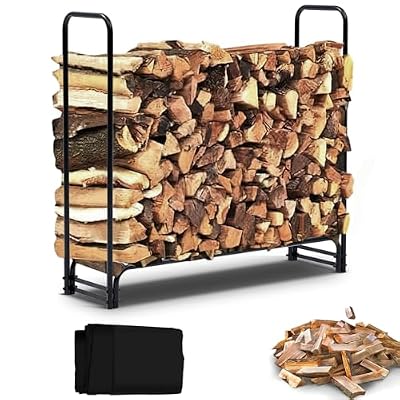 Kiarixo 4.3FT Outdoor Firewood Rack with Cover, 1/4 Cord of Firewood, Heavy Duty Firewood Holder & 600D Oxford Waterproof Cover for Outdoor Indoor Fireplace, Patio, Log Storage Rack for Firewood
