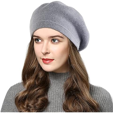 AICHUAN Womens Winter Beret Hat, Angora Knitted Beanie Cap Fall Winter French Classic Beret Gray Cover
