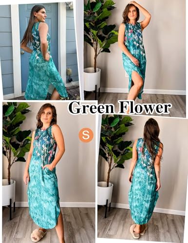Image of Zeagoo Women Floral Summer Casual Beach Printed Tank Dress with Pockets Pleated Front Long Dress