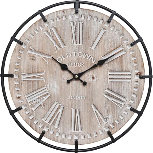 Image of EMAX HOME 12 Inch Farmhouse Wall Clock Rustic Antique Wood with Metal Circle and Large Engraved Numerals, Silent Battery Operated Wall Clock for Office Kitchen Bedroom Living Room