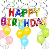 Happy Birthday Banner, Rainbow Birthday Party Supplies, 16 Inches Colorful Letter Balloons Banner, 12 Inches Colored Latex Balloons and Plastic Swirl for Girls Boys Kids & Adults Birthday Decorations
