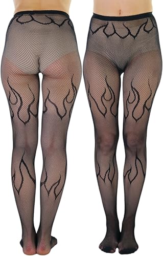 Image of ToBeInStyle Women's Flame Burning Fire Tights w /Devil-Inspired Print Hosiery