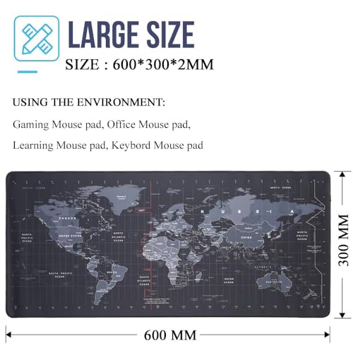 Image of World Map Anti-Slip Extended Desk Mat | Gaming Rubber Stitched Mouse Pad for Laptop & Computer | Water Resistant | 600mm x 300mm (Black, Medium)