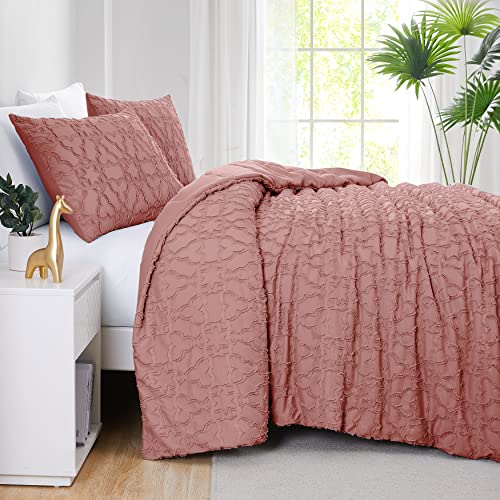 Queen Size 3-Piece with 2 Shams Clipped Jacquard Comforter Bedding Set Rose