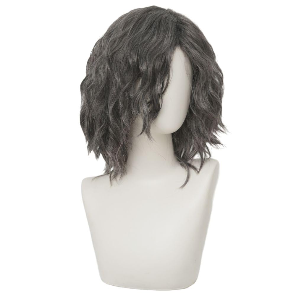 Siudus Mens Grey Short Curly Wig Shoulder Lenght Anime Hair Wig Middle Part Natural Synthetic Fiber Wigs for Cosplay Halloween Use