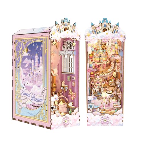 Image of Tonecheer DIY Book Nook Kit for Adults, Booknook Wooden 3D Puzzle Bookend Miniature House Kit, Fantasy Pink Bookshelf Decor with Dust Cover and LED Light for Birthday Gifts (Sweet Dream)