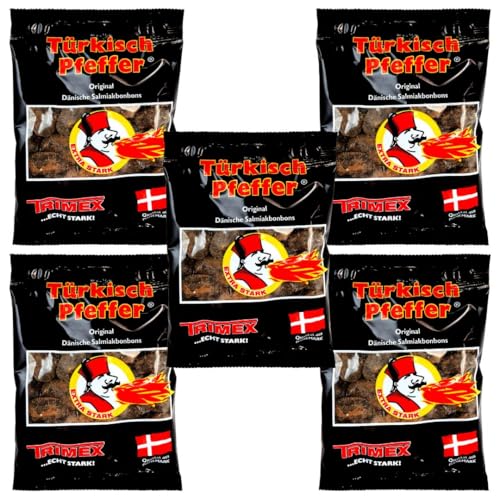 Trimex Türkisch Pfeffer 5×400 g | Salmiak-Lakritz Bonbons mit Füllung | Extra kräftig & salzig-scharf | Vorratspack 2 0 kg | Für Lakritz-Fans Party Büro & unterwegs