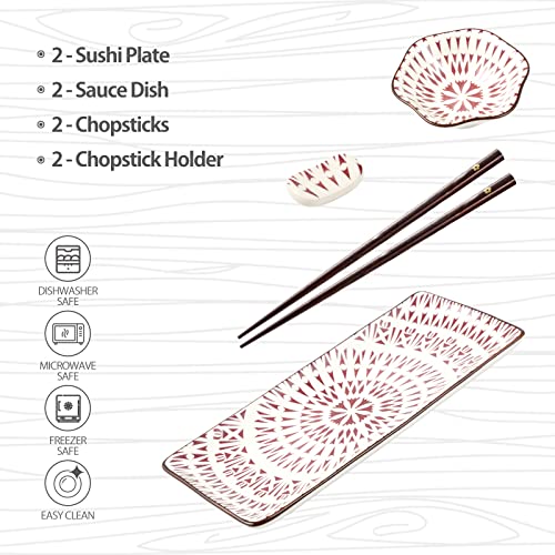 Mallyu Sushi Plates Set 8 Pcs, 10" Ceramic Sushi Dishes Serving Set, Dinnerware Sets W/ 2 Sushi Plates And Soy Sauce Bowls-2 Chopsticks And Holder, Wedding Housewarming Gift, Sun Flower #TOP5