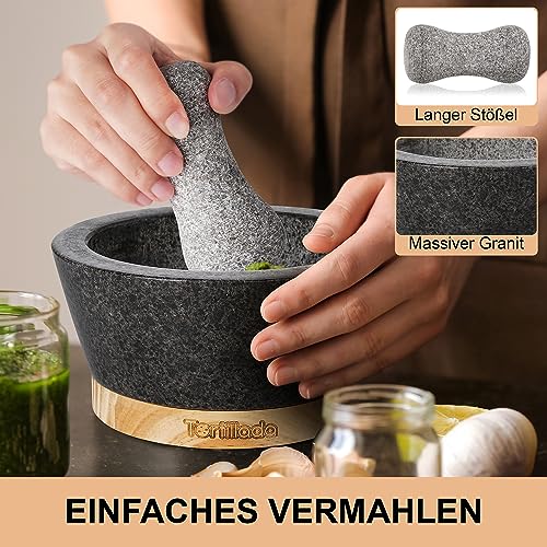 Foto von Tortillada - 16 cm XXL Mörser mit Stößel Holz Set groß aus Naturgranit mit kratzfestem Holzsockel Granit - Gewürzmühle geeignet für Gewürze, Nüsse und Kräuter mit 50 Rezepten, schwarz