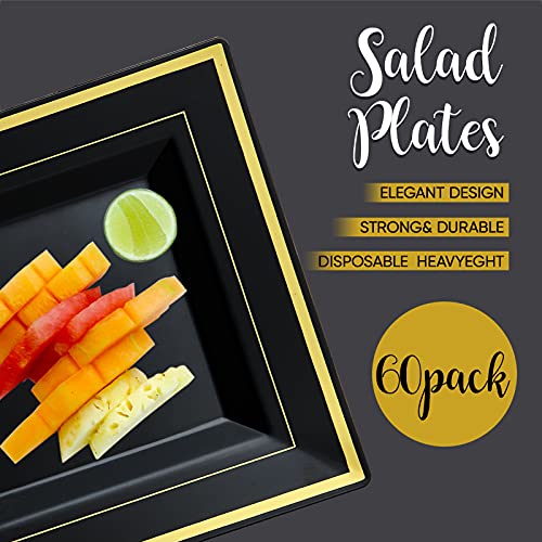 Jolly Chef 60 Pack Plastic Dinner Plates- Square Gold Plastic Plates With Elegant Gold Rim 9.5 Inch Black Disposable Plates For Wedding, Birthday,Halloween And Party #TOP1