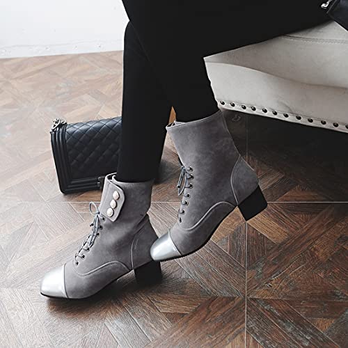 VOKLIN Women's Square Toe Lace Up Dressy Ankle Boots Block Low Heel Velvet Lined Western Dress Short Booties 7