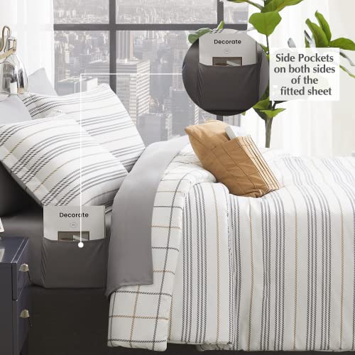 Mairêve White Queen Bed In A Bag, Soft Yellow Grey Stripe/Checkered Comforter Set With Sheets 8 Pieces (Yellow And Grey Double,Queen) #TOP2