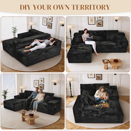 Image of 108 inch L Shaped Boneless Sectional Couches for Living Room, Wide Armrest, Deep Seat, Memory Foam, Assembly Free, Modern Comfy Corduroy Fluffy Cloud Sofa with Left Chaise, Black