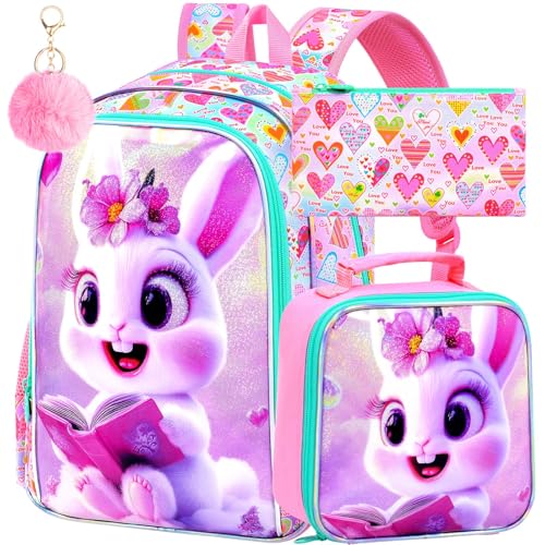 Image of CCJPX 3Pcs Bunny Backpack for Girls, 16 inch Kids Bookbag with Lunch Box, Water Resistant Elementary School Bag for Kindergarten Preschool Toddler (Pink)