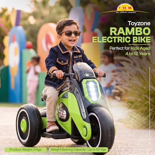 Image of Toyzone Rambo Electric Bike (Green) |12V Rechargeable Bike for Kids with 4.5Ah Battery | LED Lights, Music, MP3 | Smooth Acceleration | 6M Battery Warranty | for Big Kids Age 4-12 Years, Up to 35kg