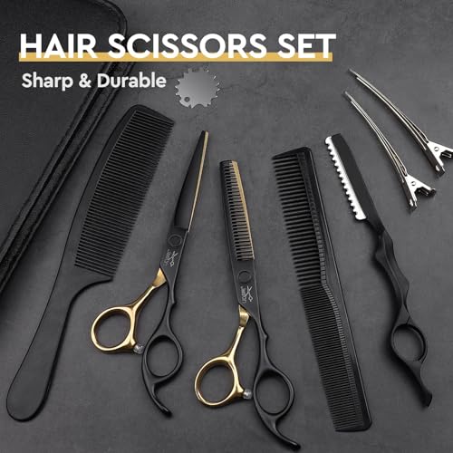 JASON Friseurscheren Profi - Haarschneideschere&Effilierschere 6.5' Haarschere Friseurschere für Friseur/Anfänger, Schwarzes Gold