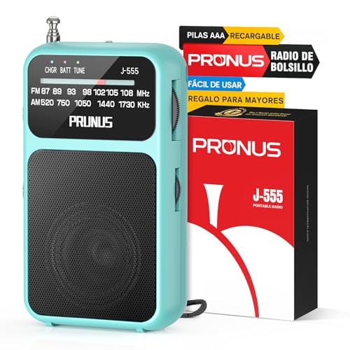 PRUNUS J-555 Am/FM Radio Portatil Pequeña Recargable, Carga USB-C, Radios Pequeña Pilas, con Toma de Auriculares, Transistor Radio de Bolsillo con Clip y cordón para Correr, Acampar. (Azul)