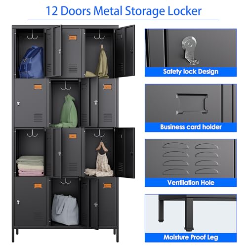 Image of Aobabo 12 Doors Metal Lockers for Employees, Steel Storage Lockers for School Office, Black, Assembly Required