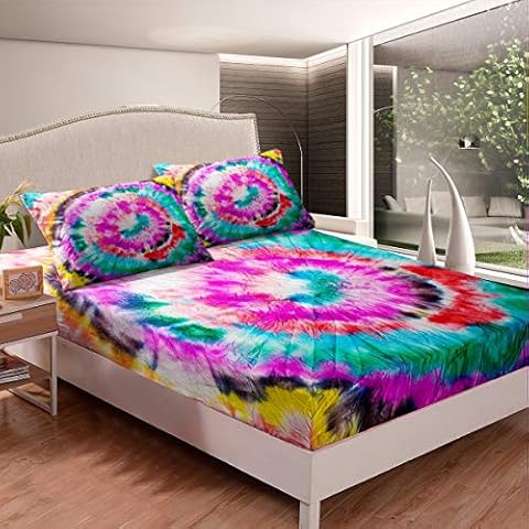 Tie Dye Bettlaken Set Bunte Boho Hippie Tie Dye Spannbetttuch für Jugendliche Womne Bohemian Gypsy Spannbettlaken 90x200cm Psychedelisches Wirbelmuster rutschfeste 2St Cover
