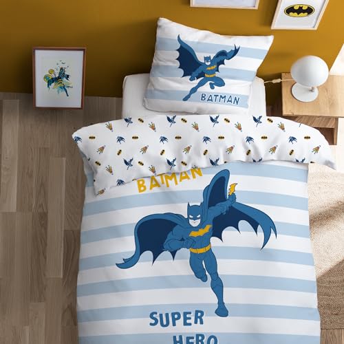 OMYDREAM Batman Team Parure de lit Enfant 1 Personne | 100% Coton | Oeko TEX | Housse de Couette 140x200 cm + Taie d'oreiller 63x63 cm | Imprimé Réversible...