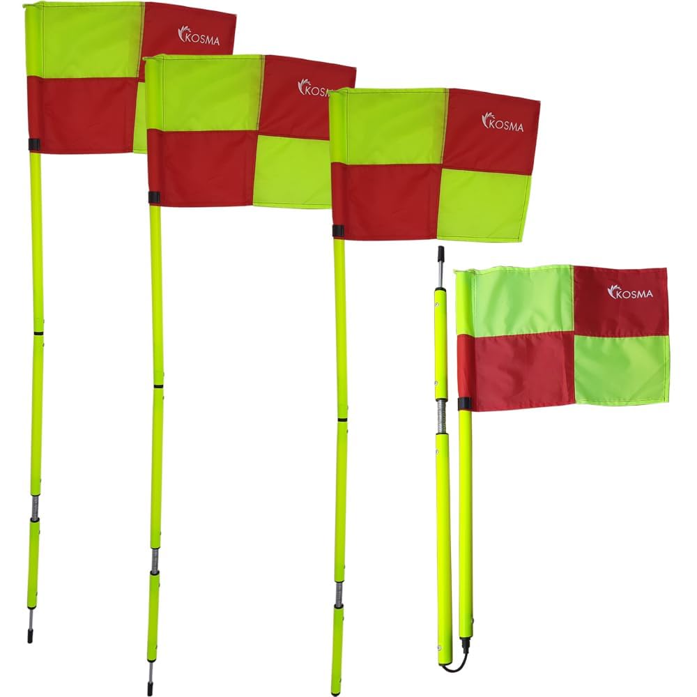 Kosma Confezione da 4 bandiere angolari pieghevoli con picchetto e molla, palo giallo 1,5 m x 25 mm con motivo a quadrante verde e rosso, bandiera e borsa per il trasporto