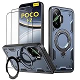 KANSi Hülle für Xiaomi Poco F7 / Poco F7 5G mit Schutzglas*2, Militär Handyhülle Ständer Stoßfest Gehäuse mit Metallring Ringhalterung - Panzerhülle Blau