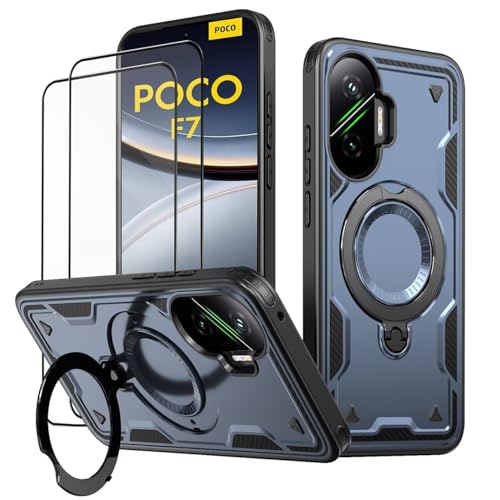 KANSi Hülle für Xiaomi Poco F7 / Poco F7 5G mit Schutzglas*2, Militär Handyhülle Ständer Stoßfest Gehäuse mit Metallring Ringhalterung - Panzerhülle Blau