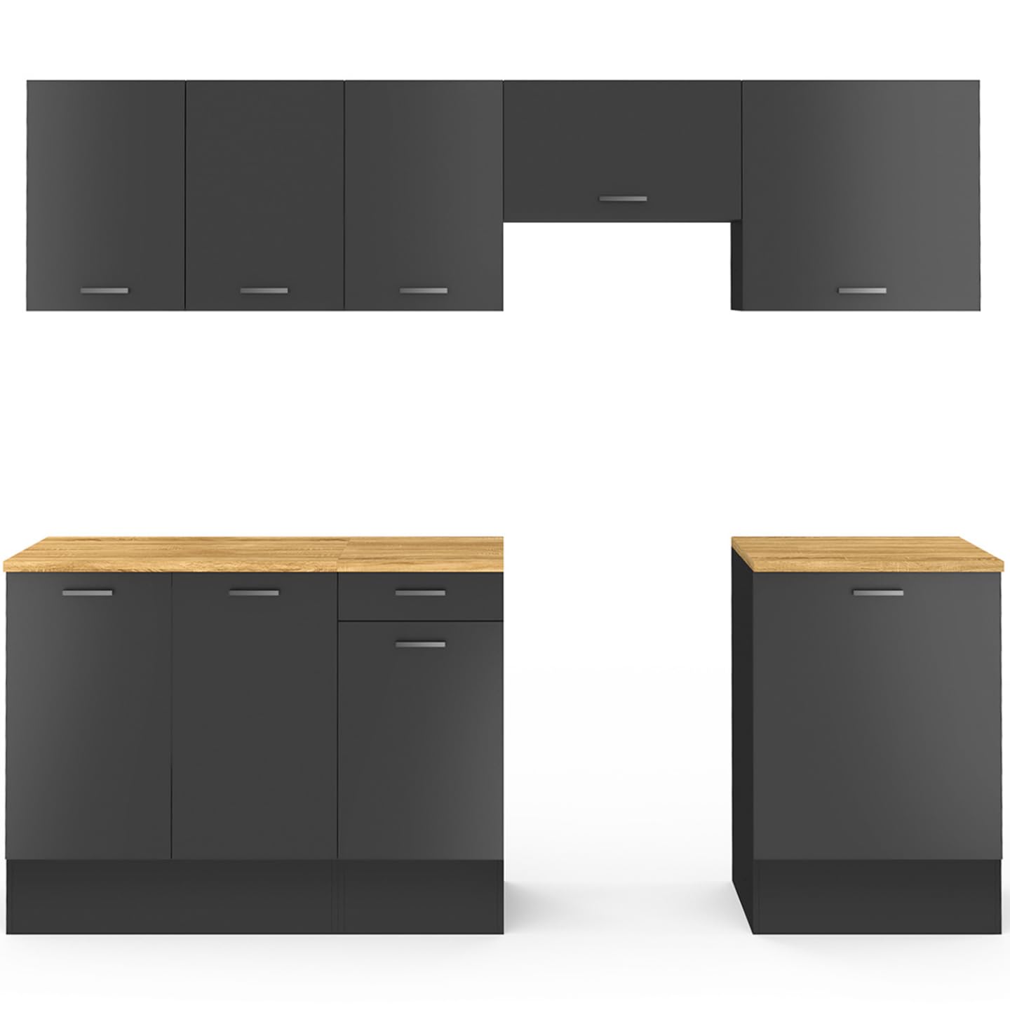 IDMarket - Cocina completa SUBTIL 240 cm con encimera negra de 7 elementos y tapa de madera