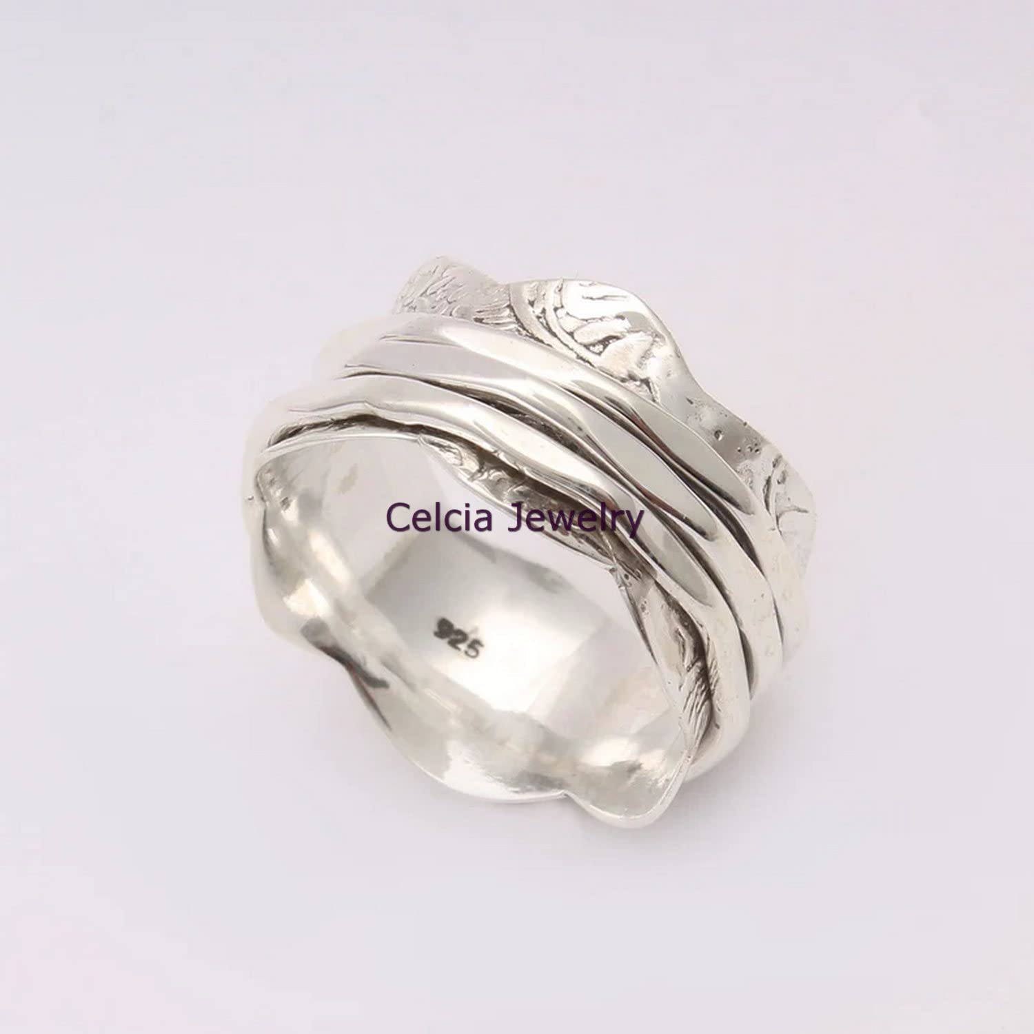 Bellissimo anello di spinner, anello di filatura strutturato, anello a fascia di fiore di design, anello di meditazione in argento sterling 925 reale, gioielli d'argento unisex, anello di proposta