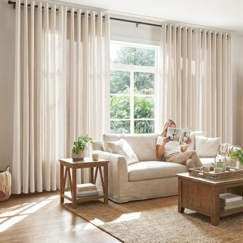 Image of jinchan Linen Curtain 96 Inch Light Filtering Grommet 1 Panel Beige