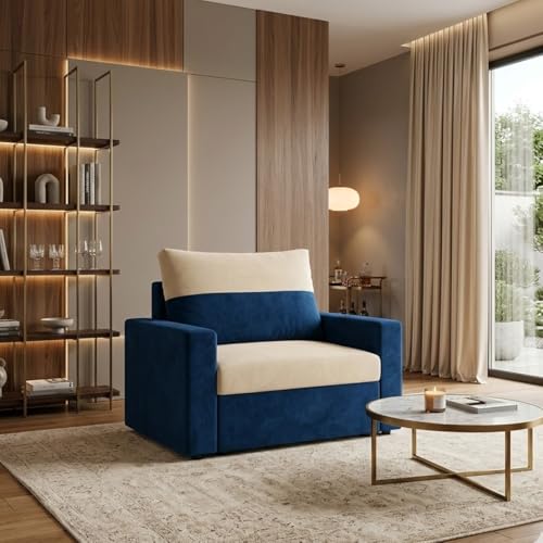 Image of SOCOZI Enrique 1 Seater Sofa Cum Bed | Soft Velvet Suede Fabric | Modern Convertible Design | Plush Comfort Seating for Living Room (Dark Blue-Cream)