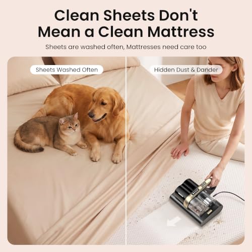 Image of HEAPETS Mattress Vacuum Cleaner, 16Kpa Bed Vacuum with 275nm UV-C Light & 149℉ Heat & Ultrasonic, Dual High-Speed Roller Brushes & H13 HEPA Filter for Pet Hair, Bed, Sofa, Couch, Corded Black