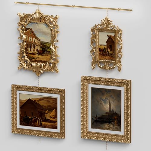4FT French Style Adjustable Picture Hanging Rail with Brass Finish - Rust-Resistant Stainless Steel Wall Art Track System Gold Tone Decor Rod with Chains & Hooks(Not Include Picture Frame)