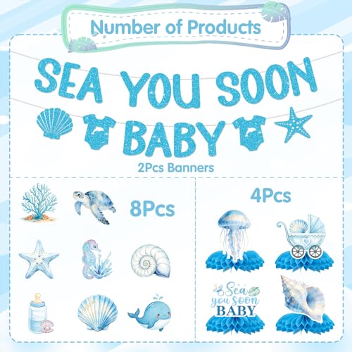 Image of Under The Sea Party Decorations - 14 Pcs Sea You Soon Baby Shower Banner Hanging Swirls Honeycomb Decorations, Blue Summer Ocean Seashell Theme Decor Supplies for Boys Girls