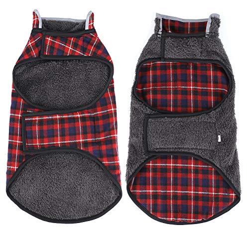 WEONE Dog Warm Coat Plaid Fleece Christmas Clothes,Reflective Reversible Cold Weather Jacket