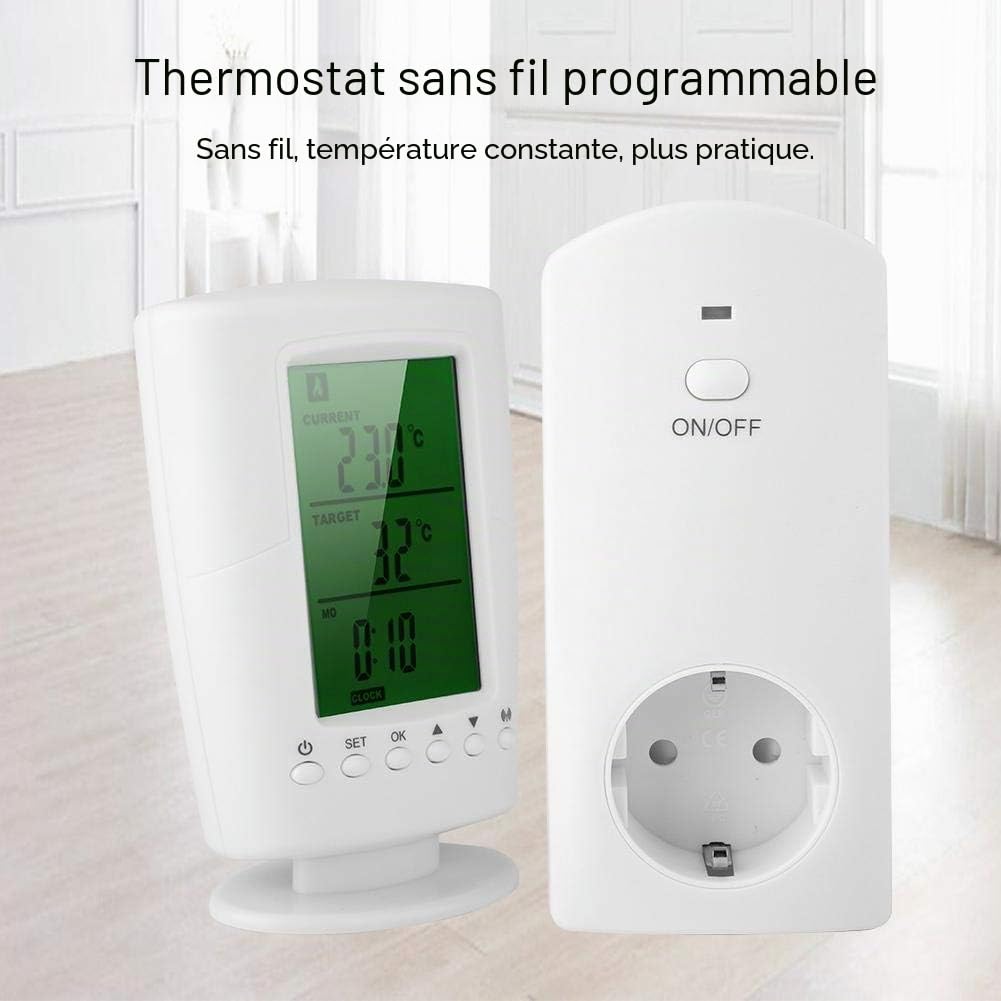 110-240V Prise de Thermostat sans Fil, Wireless Thermostat d’ambiance programmable Intelligent avec Affichage Température et Heure Convient pour Radiateur, Climatisation Appareils Electriques(EU)