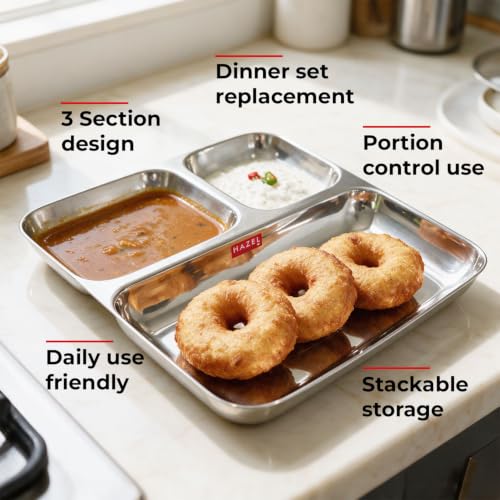 Image of HAZEL 3 in 1 Section Plate Set of 6 | Stainless Steel Dinner Section Thali