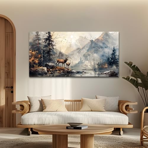 FUHAIHUA Canvas Wall Art For Living Room Large Wall Decor For Office Bedroom Wall Pictures Mountain Forest Landscape Ink Paintings Modern Poster Prints Artwork Room Home Decor Deer Mural 24x48 In