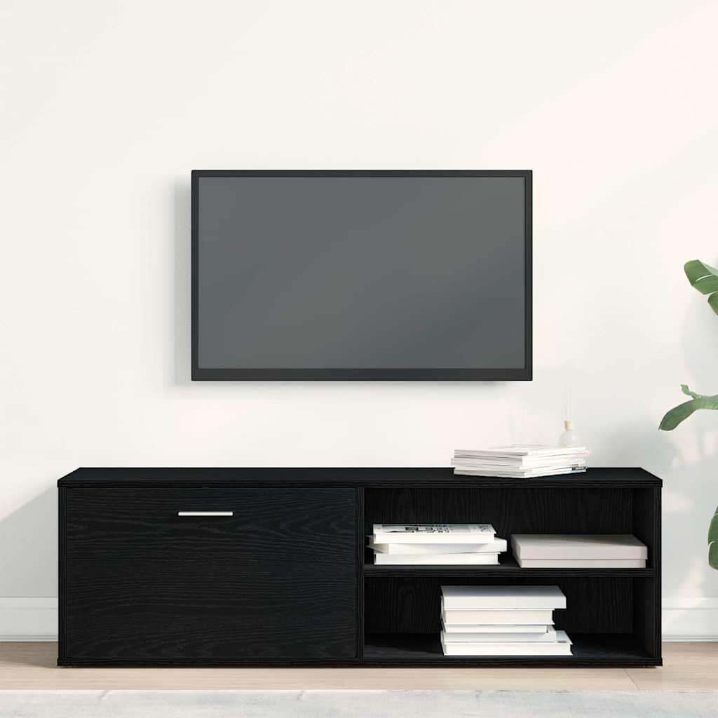 Szafka TV z czarnego dębu z materiału drewnopochodnego 120 x 34 x 37 cm, szafka pod telewizor z 1 drzwiami i 2 otwartymi półkami, miejsce do przechowywania do salonu, sypialni, do gier i