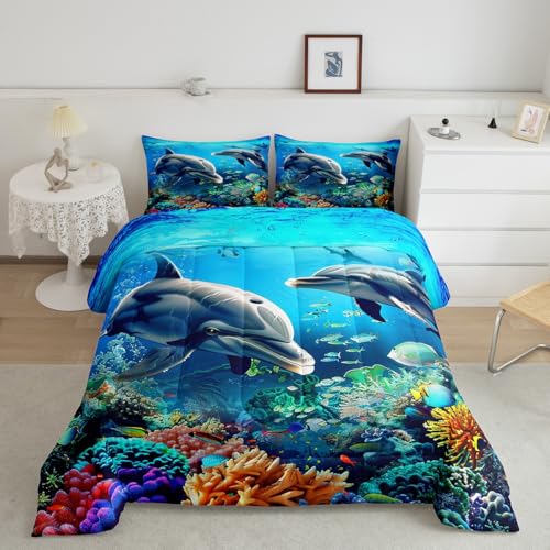 Feelyou Animal Print Dolphin Ocean Comforter Set Twin Size Kids Boys Girls